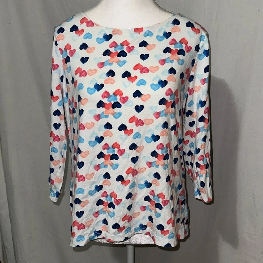 pink & blue heart print Talbots 3/4 sleeve top size medium petite